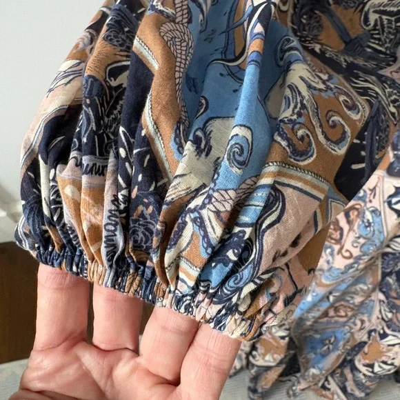 Zimmermann Patchwork Sailor Print Blue and Tan Long Sleeve Wrap Dress